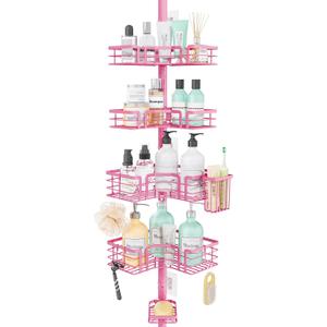 SWTYMIKI Shower Caddy Tension Pole - 4-Tier Corner Shower Organizer Tension Rod with Soap Holder, Toothbrush Holder & 4 Hooks, Adjustable Stainless Steel Bathroom Organizer 27.6 to 108.3 inch, Pink