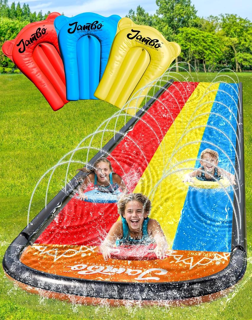 JAMBO Premium Triple Water Slide and 3 Bodyboards, Updated Model Slip Splash and Slide Heavy Duty Water Slides- 3-Way Sprinkler System, Splash Mat Pad, Backyard Outdoor Water Toys n Slides for Kids, 16Ft Triple Lane