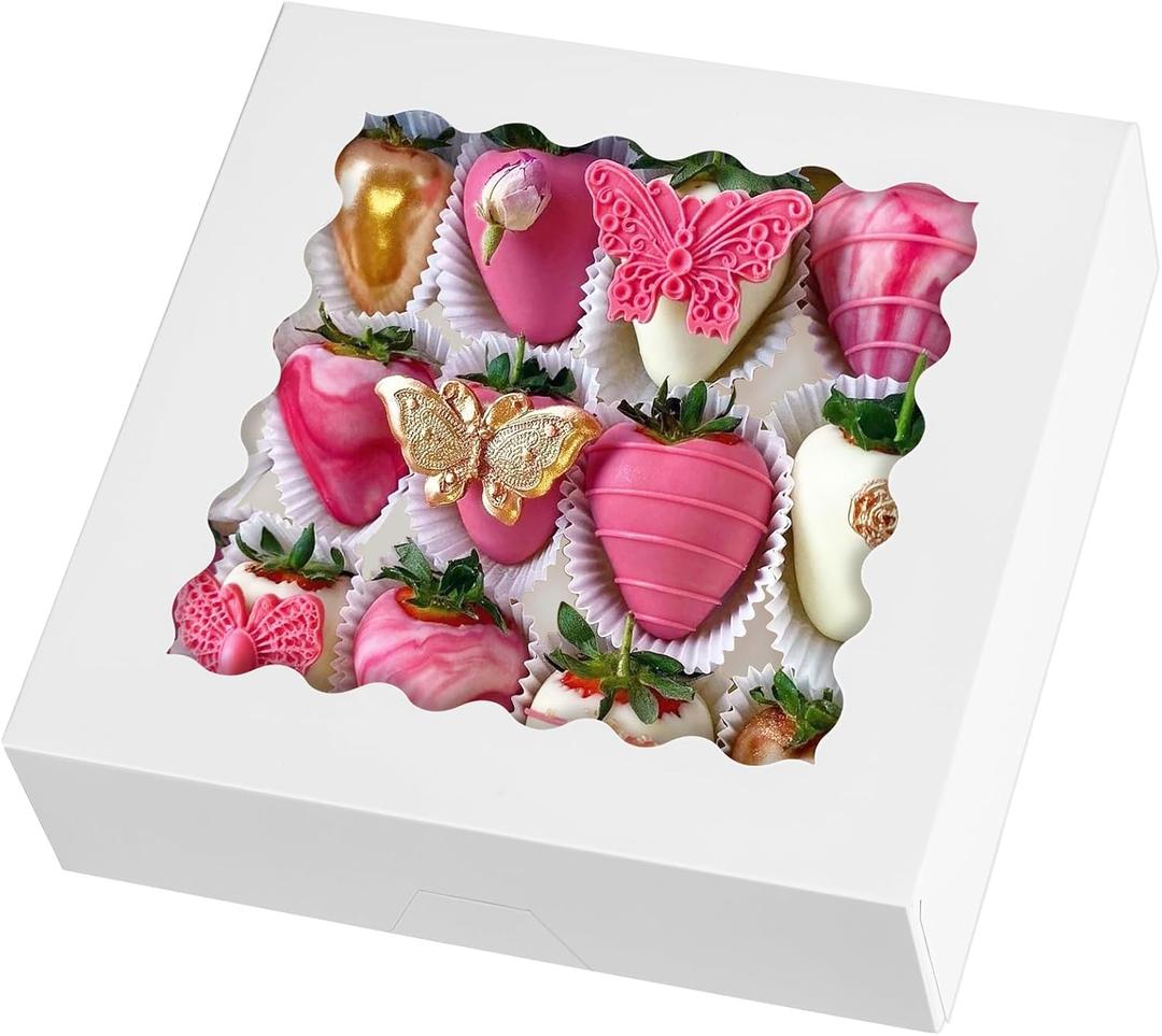 9" x 9" x 2.5" Pie Boxes, 20 Pack Auto Pop-up Chocolate Covered Strawberry Boxes White Bakery Boxes with Window for Cookies, Treats, Pastry, Breakable Heart, Donuts, Muffins