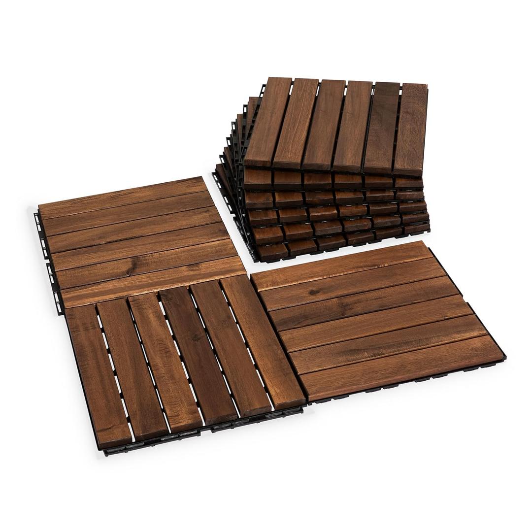 Acacia Wood Flooring Interlocking Deck Tiles for Patio Decor 9 Pcs 6 Slats VR Brown - Waterproof Indoor & Outdoor Decor - Balcony Garden Decking Tile (12.24 * 12.24 * 0.75 inches)