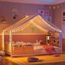 Timy House Shape Twin Size Montessori House Bed with 2 Tier Wood Bookshelf