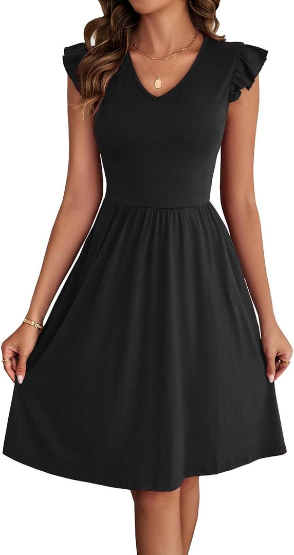 HELYO Women's Summer Dresses Cute V Neck Ruffle Sleeve Cocktail Short Work Casual Dress with Pockets 648 (Black, S)