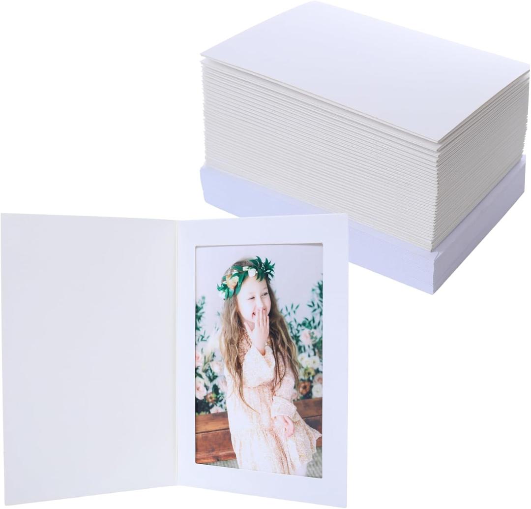 100 Pack Photo Frame Cards with 100 Pack Self-Seal Envelopes 4x6 Paper Picture Frame Bulk Photo Insert Notecards for Christmas New Year Wedding Birthday Classroom DIY- White