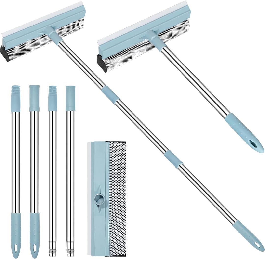 Window Squeegee for Home, 2-in-1 Window Cleaner Tool with Rubber Blade and Sponge Scrubber, Window Washing Kit with Extension Pole 44'', Scrubber for Car Windshield, Shower Door Cleaning