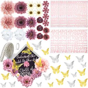 Wavwavw 53 Pcs DIY Graduation Cap Decorations Kit, Grad Cap Topper Include Faux Assorted Flowers 3D Butterfly Self Adhesive Pearl Stickers Glitter Alphabet Letter Decals for Party Decor(Dusty Pink)