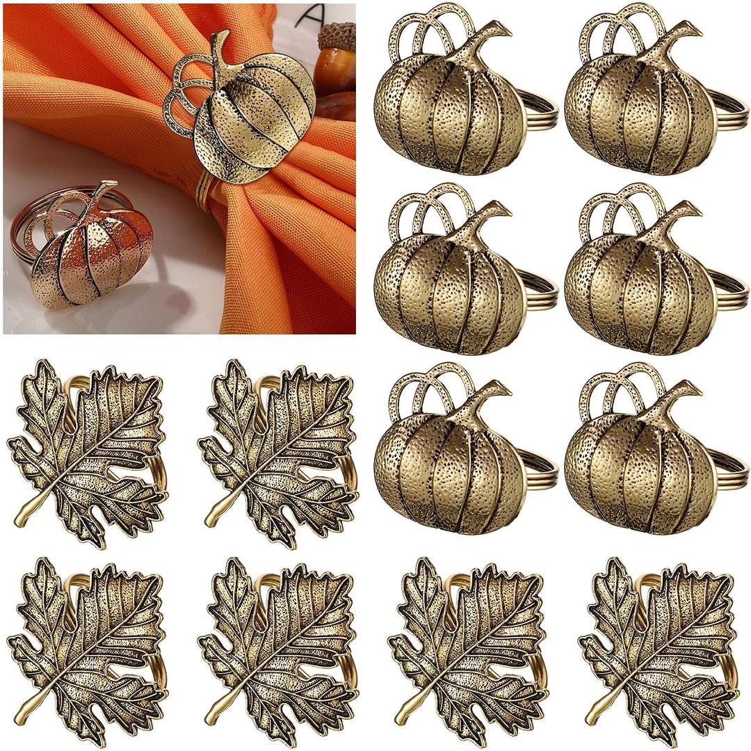 Patelai 12 Pcs Bronze Fall Thanksgiving Napkin Ring Set Including Maple Leaf and Pumpkin Halloween Napkin Rings Vintage Fall Napkins Holders for Autumn Holiday Wedding Supplies Table Settings