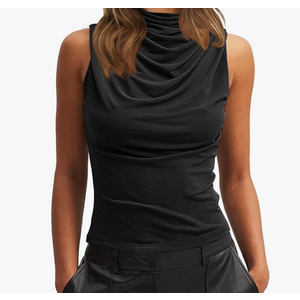 Tankaneo Womens Sleeveless Tank Tops Slim Fitted Mock Neck Draped Stretchy Summer Casual Ruched Tops
Size Small