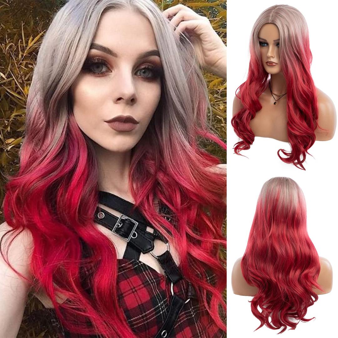 Long Curly Wavy Silver Grey to Red Wig Middle Part Natural Looking Synthetic Cosplay Wig for Women