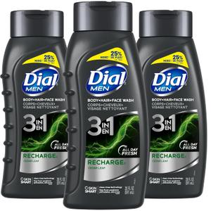 Dial Men Body Wash, 3 Pack, Recharge 3-in-1 Body, Hair and Face Wash, Cedar Leaf Scent, Long Lasting All Day Fresh Body Wash for Men, 20 oz. Each