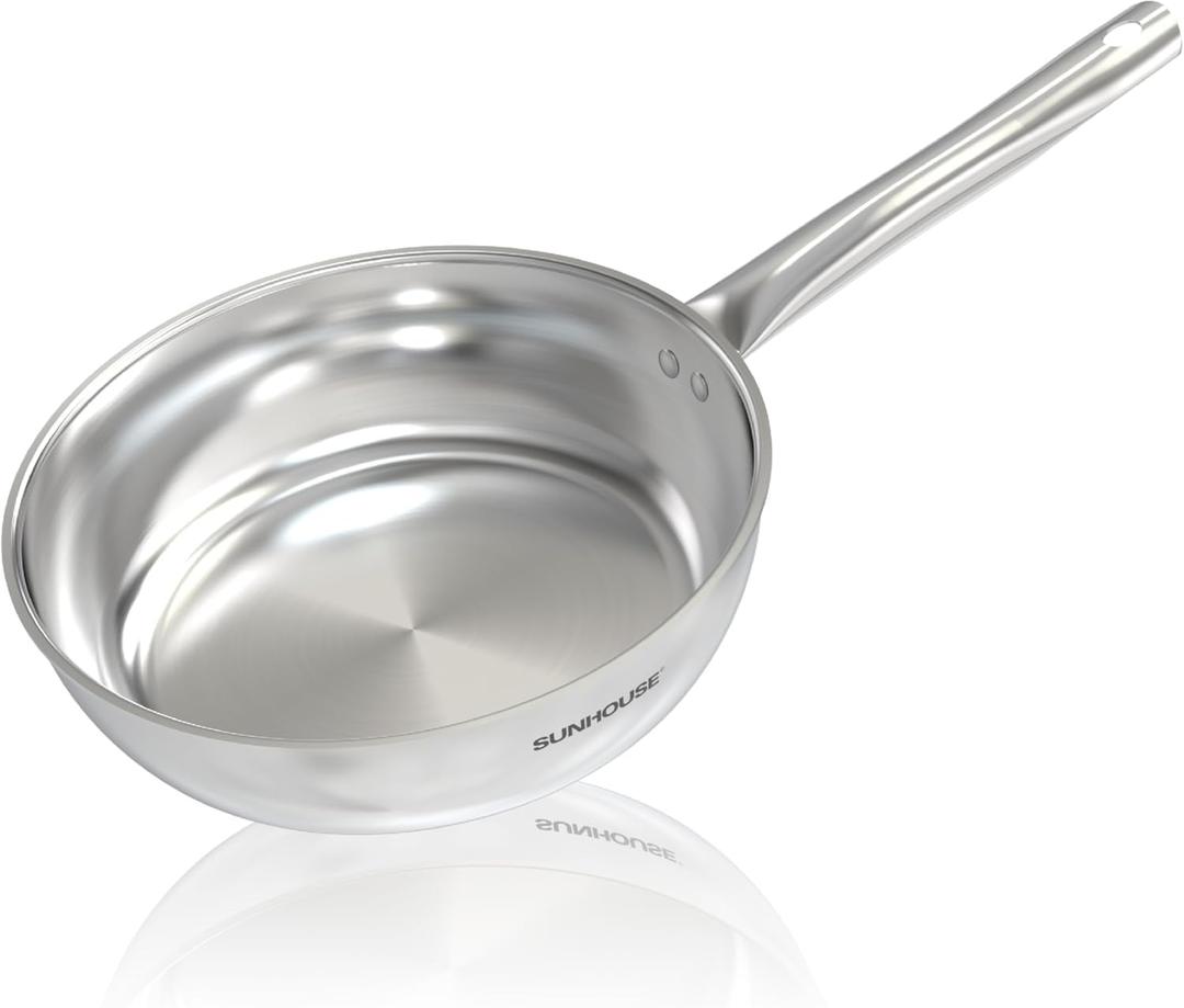 Sunhouse 18/10 Stainless Steel Pan 11 Inch, 3-Ply Clad No Coatings Frying Pan, Skillet with Stay Cool Handle, Oven and Dishwasher Safe, Induction Compatible