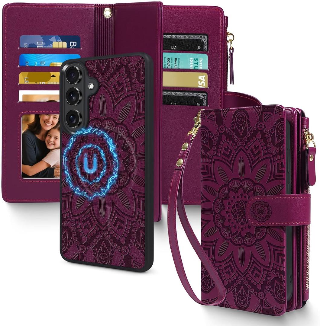 Harryshell 2 in 1 for Samsung Galaxy S26 Plus Wallet Case Magnetic Compatible with Magsafe RFID Blocking Card Holder Detachable Phone Cover Zipper Purse Kickstand Wrist Strap for Men Floral Burgundy