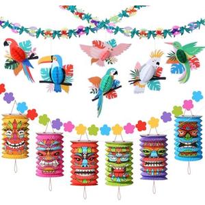 Capoda Luau Party Decorations Set Hawaiian Tropical Hibiscus Garland Tiki and Flowers Lanterns Banners Tropical Birds Honeycomb for Hawaiian Summer Birthday Beach Theme Party Supplies Jungle Decor