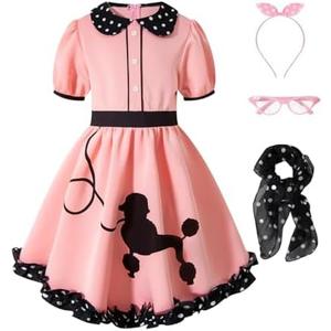 IWALUE Kids Girls 1950s Poodle Party Dresses Halloween Costume Skirt Set Dress Up 4-5 Y