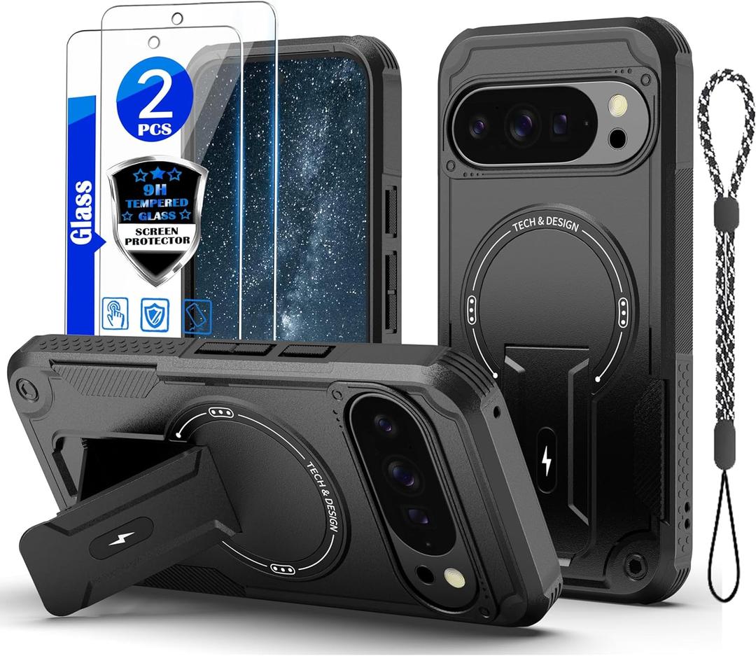 for Google Pixel 10&10 Pro Casefor Pixel 9&9 Pro Case[Compatible with MagSafe][with 2*Fingerprint Unlock Glass Screen Protector],Built in Invisible Stand,Shockproof Protective Phone Cover(Black)