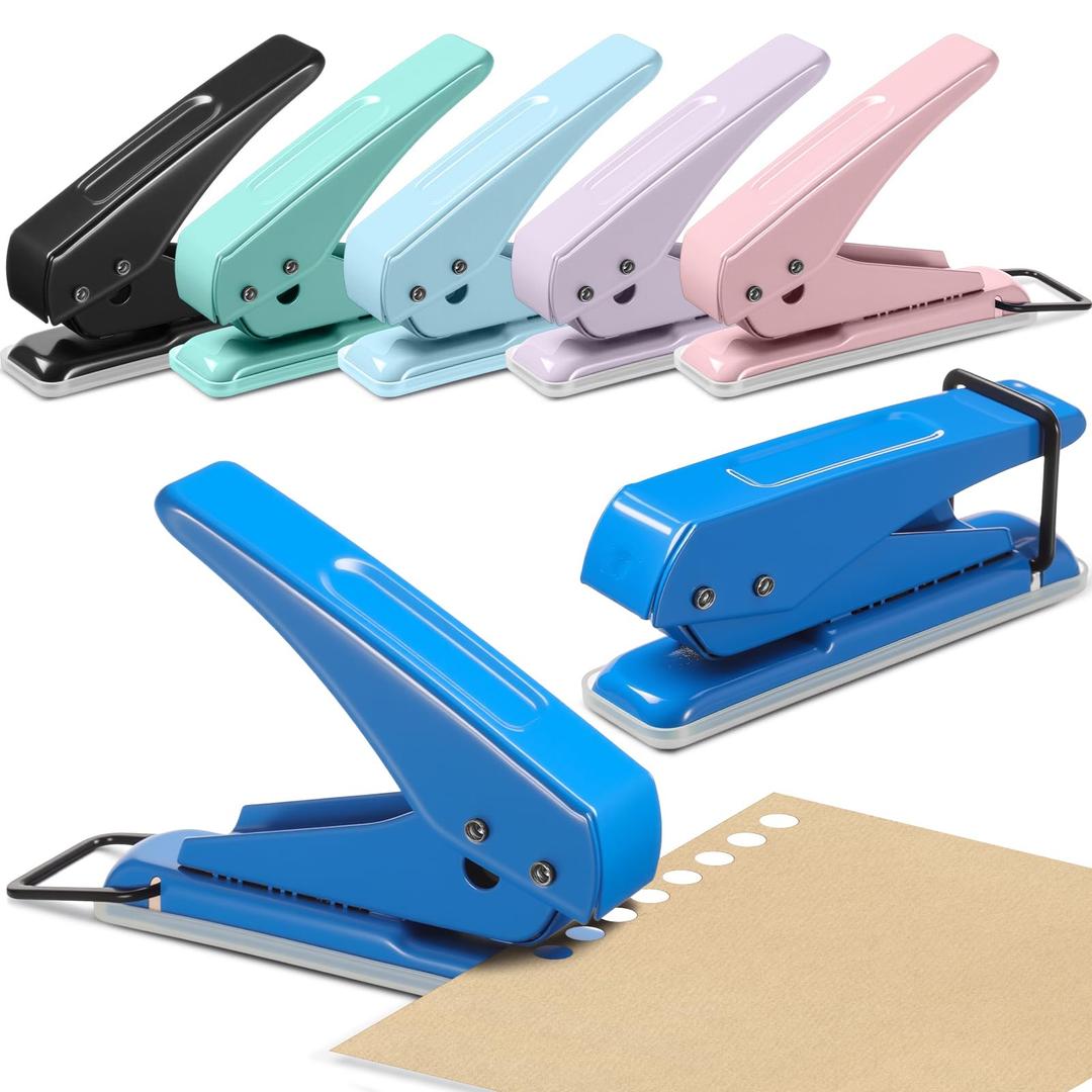 6 Pack Single Hole Puncher 1/4" Heavy Duty Hole Puncher 15 Sheet Capacity Back to School Metal Paper Punch Portable Handheld for Tags, Craft, ID Card, Chipboard, Art Project
