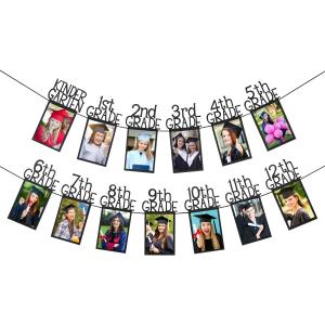 Black Glitter K-12 Graduation Photo Banner Kindergarten to 12th Grade Graduation Picture Banner for Grade Photo Kindergarten Graduation Party Decorations 2026