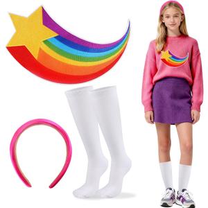 3Pcs Halloween Women Costume 2025 Accessories with Socks Stain Hot Pink Headband Large Rainbow Star Patch for Girls Cosplay