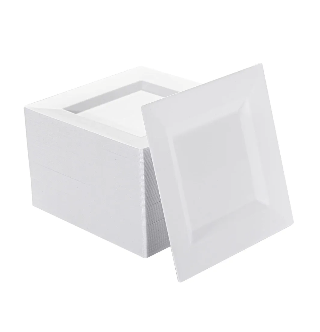 100 Pack White Plastic Square Dessert Plates, 6.5" Disposable Salad Plates Heavy Duty Plates for Party, Wedding, Christmas, Easter