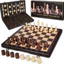 2 in 1 Wooden Magnetic Chess Set & Checkers Board Game-15'' Foldable Chess Board for Adults & Kids-Portable Travel Chess Set with Pieces Storage Slots-2 Extra Queens-Beginner Chess Board Game