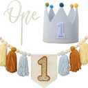Baby 1st Birthday Party Decorations For Handmade Blue Tassel Garland Highchair Banner With Cake Topper Crown Hat (Yellow Brown Blue)