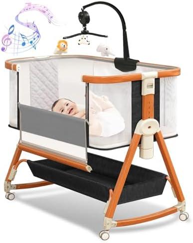 3 in 1 Bassinet,Baby Bassinets Bedside Sleeper with Musical Toy,Adjustable Height Bedside Bassinet for Baby with Wheels and Storage Basket,4-Sided Mesh Bedside Crib for Newborn 0-6 Months (Black)