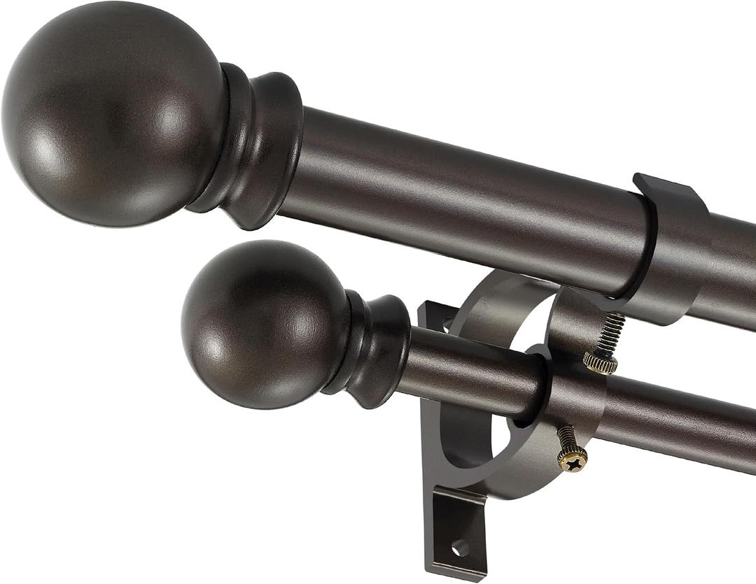 Dark Bronze Double Curtain Rods 72-144 Inch,1Front and 5/8Back Double Drapery Rod with Small Round Ball and Aluminum Brackets, Adjustable Dual Window Rod for Sheer/Blackout Curtains