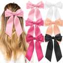6PCS Silky Satin Hair Bows, Cute Bow Clips for Women, Large Hair Bows for Women Long Tail Hair Bows for Girls, Hair Ribbon Bows, Pink Hair Accessories
