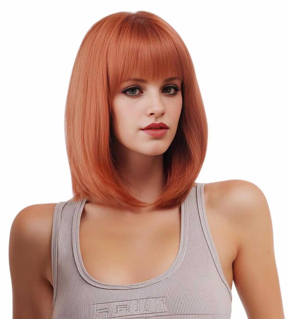 Rugelyss Auburn Short Straight Bob Wig with Bangs 12 Inches Copper Red Ginger Synthetic Hair Wigs for Women and Girl with Wig Cap fits for Halloween and Cosplay Costume Party
