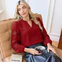 Uhiger Red Long Sleeve Shirt Women V Neck Top Dressy Casual Business Casual Outfits Plus Size Holiday Tops Vacation Outfits