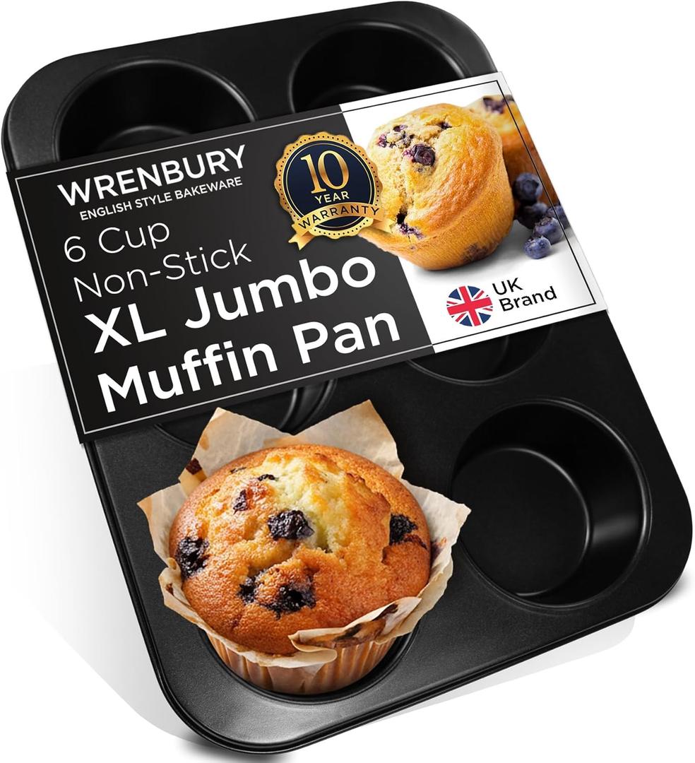 Wrenbury Jumbo Muffin Pan 6 Cup - Nonstick XL Deep Muffin Pan for Baking 4" Cup - Oversized Extra Large Cupcake Mold - Dishwasher Safe - PTFE Free - 446F Oven Safe