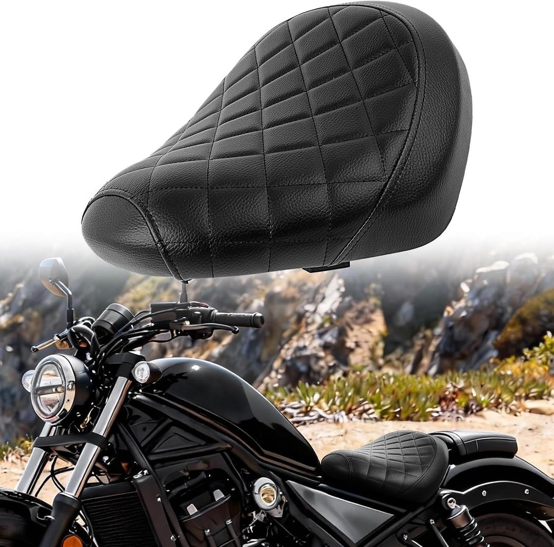DREAMIZER Cool Gel Motorcycle Solo Seat Compatible with Honda Rebel 1100 CMX1100 CM1100 2021 2022 2023 2024 2025, Motorcycle Front Driver Seat Rider Saddle Cushion, Front-Black-Rhombic