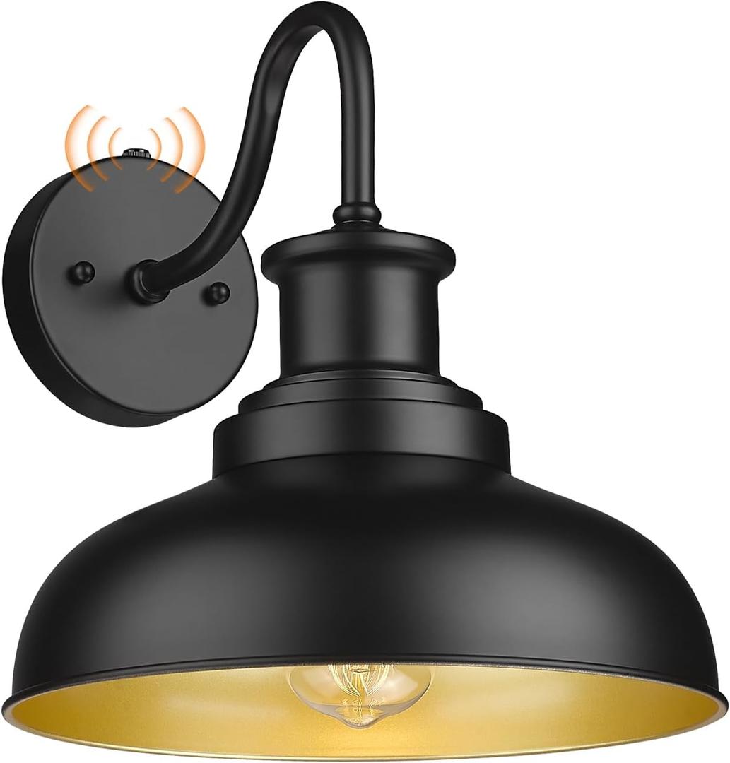Dusk to Dawn Outdoor Gooseneck Barn Light, Farmhouse Outdoor Wall Sconce, Rustic Exterior Wall Mount Light, Vintage Outside Lighting Fixture Industrial Black Lantern for Porch Garage Shed,1 Pack (11DDRZ007-1 PACK(Dusk to Dawn), Black+Gold)