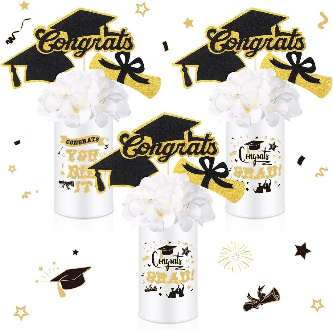 Domensi 3 Sets Graduation Table Centerpiece Decorations White and Gold Class of 2026 Includes 3 Silk Artificial Flower 9 Congrats Grad Sticks Picks Toppers 3 Metal Vases for Home Party Supplies Gifts