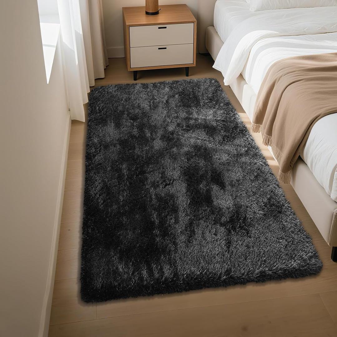 Fluffy Rug Shaggy Area Rug, Black 3x5 Area Rugs for Bedroom, Small Bedside Rug, Soft Fluffy Shaggy Entryway Throw Rugs for Living Room Bedroom Kids Room Home Decor