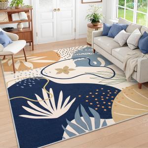 Lahome Washable Area Rug - 8x10 Non-Slip Ultra-Thin Large Area Rug, Soft Bedroom & Living Room Rug, Boho Botanical Print Indoor Stain Resistant Floor Rug for Dining Room Table & Office