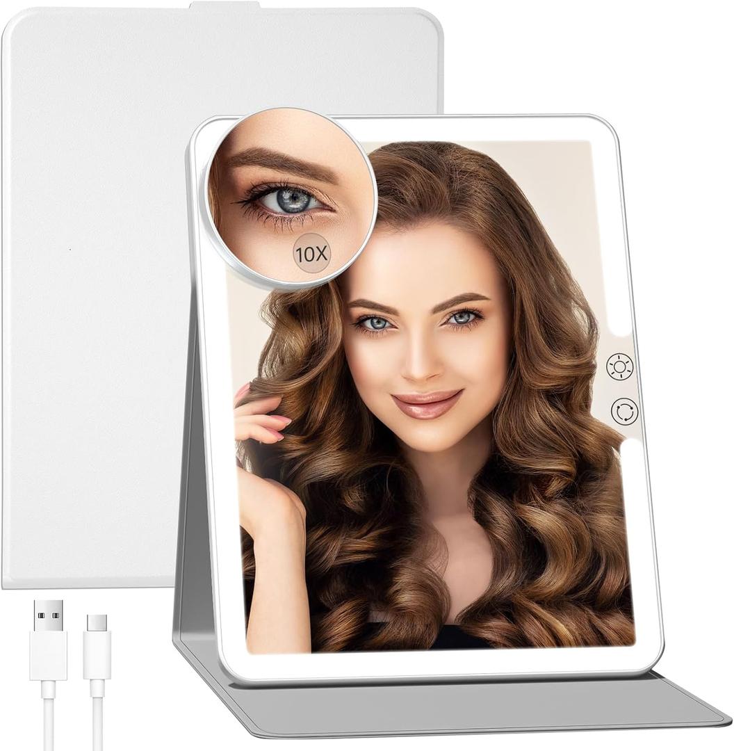 FUNTOUCH 2500mAh Large Rechargeable Travel Makeup Mirror with Light, Portable Makeup Mirror with 10X Magnifying Mirror, 3 Lighting Modes, Tabletop Folding Travel Mirror with PU Leather Cover (White)