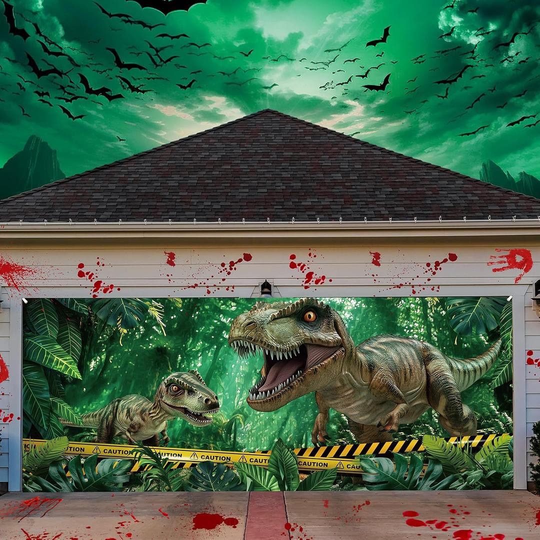 7 x 16 ft Halloween Garage Door Banner Dinosaurs Backdrop Garage Door Decoration Cover Dino Jungle Safari Baby Shower Background for Birthday Photography Party Photo Booth