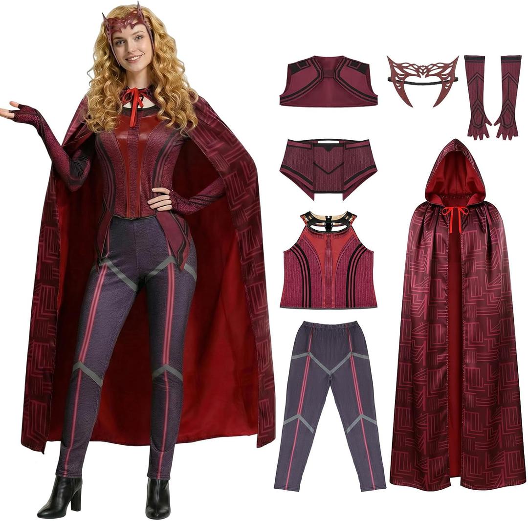 Scarlet Witch Cosplay Costume for Women, 7PCS Wanda Red Pant Suit Cloak Headpiece for Halloween Party Outfits (Small)
