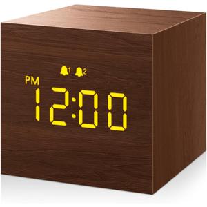 Digital Alarm Clock, with Wooden Electronic LED Time Display, 3 Alarm, 2.5-inch Cubic Small Mini Wood Made Electric Clocks for Bedroom, Bedside, Desk, Brown