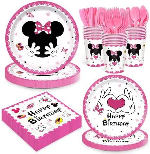 168pcs Pink Mouse Birthday Party Supplies Girls Cartoon Plates Napkins Disposable Paper Tableware Set for Girls 1st 2nd 3rd Birthday Party Decorations 24 Guests