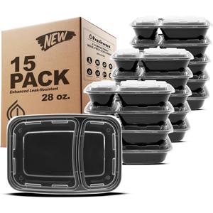 Freshware Meal Prep Containers [15 Pack] 2 Compartment with Lids, Food Storage Containers, Bento Box, BPA Free, Stackable, Microwave/Dishwasher/Freezer Safe (28 oz), Black