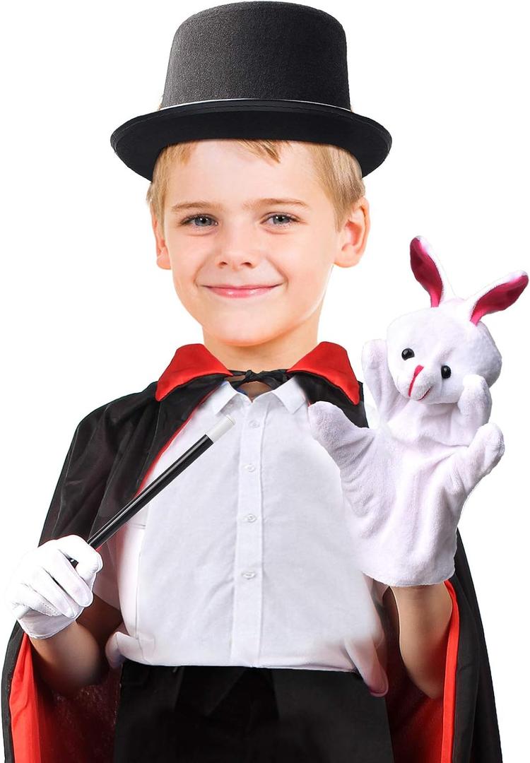 Beelittle Kids Magician Costume Set with Cloak Cape Top Hat Wand Gloves Rabbit Puppet (Black&red Set)