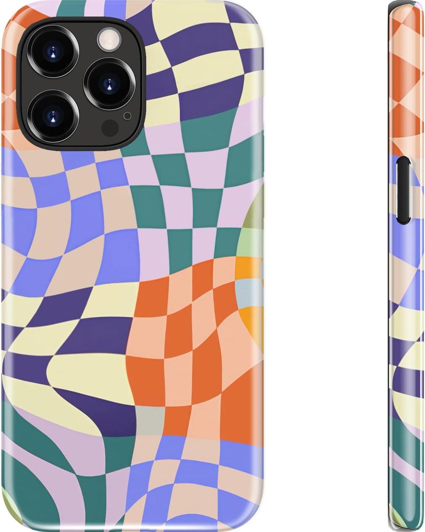 Goodon for iPhone 15 Pro Max Case - Wireless Charging - Dual-Layer Hard Shell & Silicone Cover - Protective Phone Case with Cute Wildflower Designs for Women - Colorful Checker Mosaic