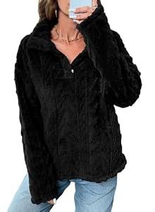 BLENCOT Women's Casual Winter Fuzzy Fleece Sweatshirts Long Sleeves Button Down Collar Neck Shaggy Cable Sherpa Pullover Jacket Pockets Black M