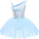 IDOPIP Girls Sequins Ruffle One Shoulder Ballet Dance Dress Tutu Skirted Leotard Ballerina Dancewear Costume for Toddler Kids (5-6 Years, Blue)