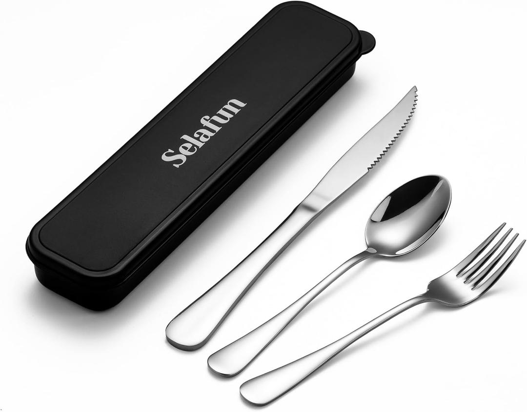 4-pieces Travel Set with Case Portable Silverware Utensils Set for work, Stainless Steel Reusable Flatware Set Cutlery Set for Camping Picnic Hiking Office (6.7inch, Silver)