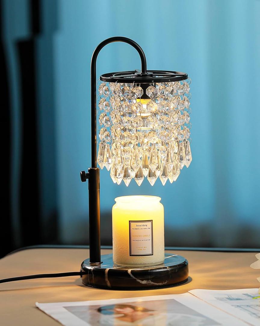 Candle Warmer Lamp with Timer Dimmer and 3 Bulbs, Candle Lamp Warmer with Marble Base for Adjustable Height, Crystal Candle Lamp for Jar Candles, House Warming Gifts Home Room Decor, Black