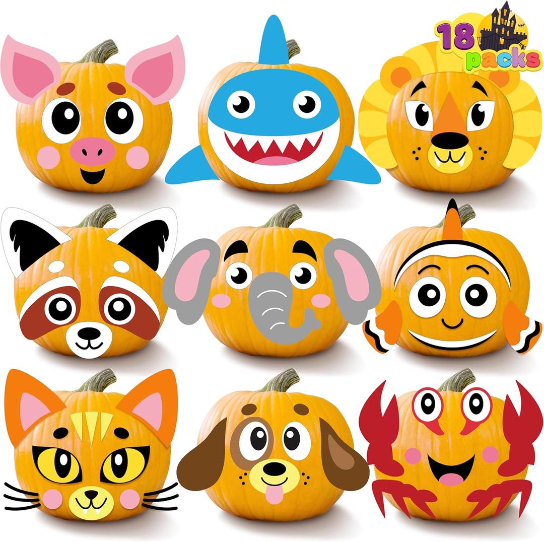 JOYIN 18 Packs Halloween Pumpkin Decorating Stickers Craft Kit, Halloween Party Supplies Arts Activities, Kids Party Favors, Jack O Lantern Foam Face Sticker in 9 Animal Designs, Classroom Games