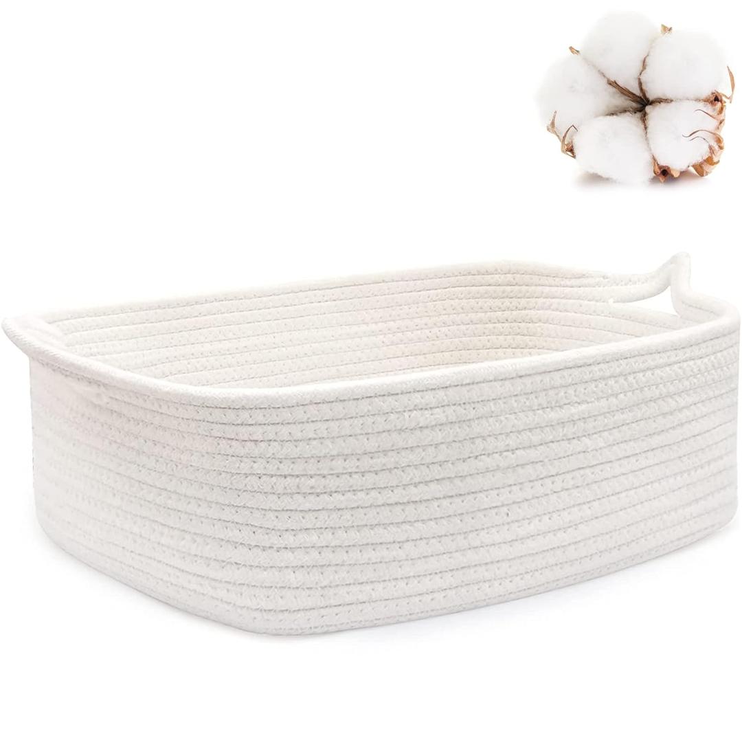 ABenkle Small Storage Basket with Handles, Cotton Rope Woven Dog Cat Toy Bin, Decorative Shelves Closet Organizing for Nursery Laundry Bedroom, 14.2''x 11''x 5.1'' (White)