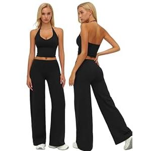 ABOCIW Workout Sets for Women 2 Piece V Neck Adjustable Halter Crop Top Matching Wide Straight Leg Yoga Pants Leggings Gym Pilates Outfits Athletic Work Out Clothes Halter Black X-Large